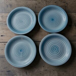 Citrus Grove Aqua Blue Swirl 10.5” Dinner Plates Hand Painted Set of 4 Costal